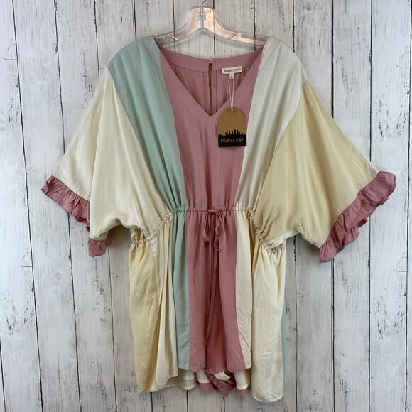 NWT Main Strip Cream/White/Mint/Rose Colorblock Tie Waist Romper Size Small - Picture 2 of 14